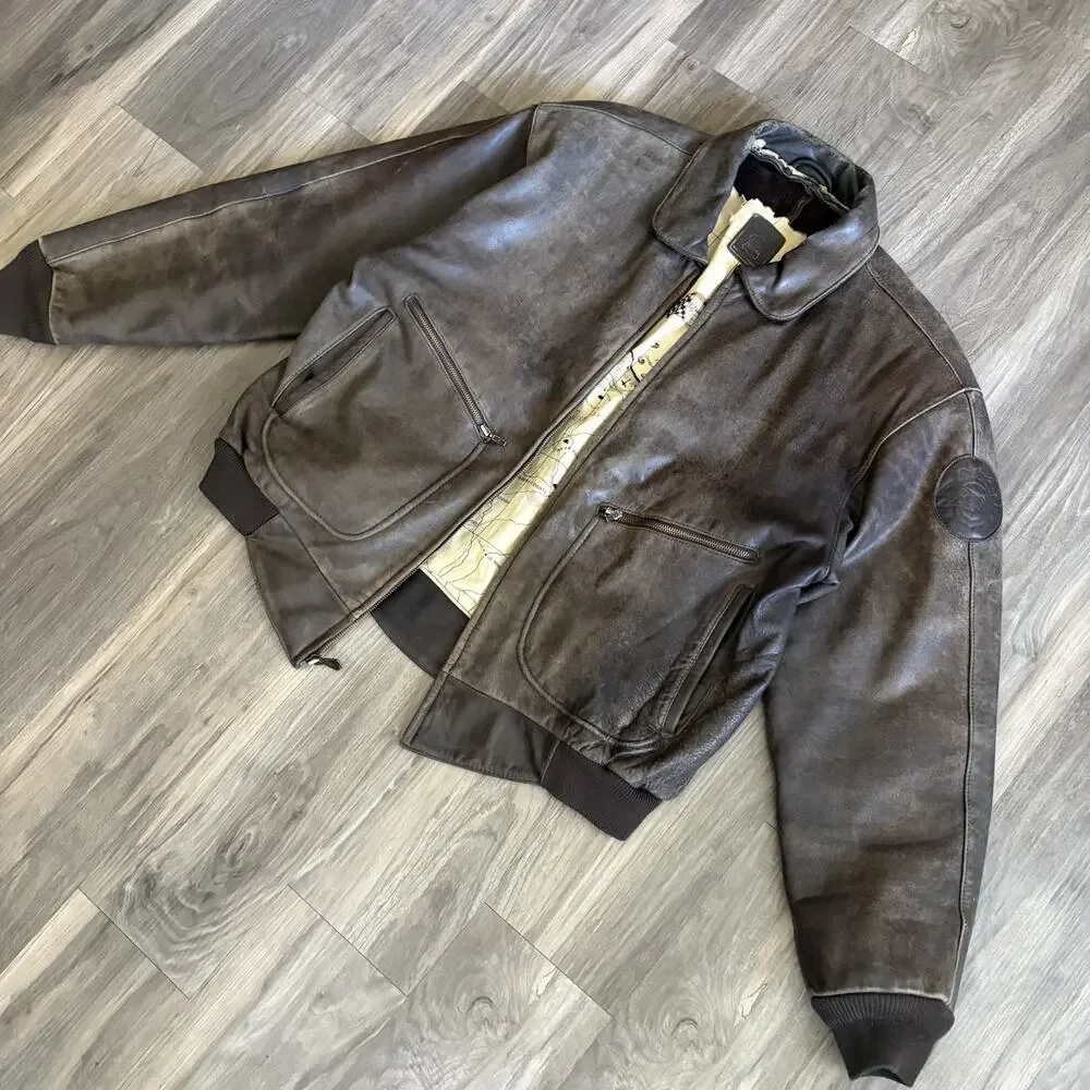 Vintage 1980s Hein Gericke Leather Bomber Flight Jacket Men's Size L Brown Map